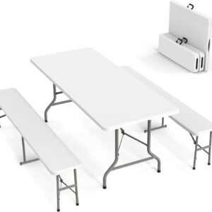 Picnic Table Set with 2 Benches, 6 Feet Camping Table Chair Set,3-Piece Folding Furniture for Indoor or Outdoor Use, Smooth Tabletop, White