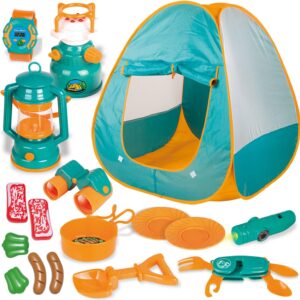 FUN LITTLE TOYS Pop Up Play Tent with Camping Gear and Tools Set, Outdoor Toys for Kids