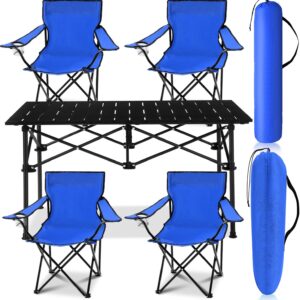 5 Pcs Summer Portable Camping Chair and Folding Camping Table Set Outdoor Oxford Fabric Folding Chair Lawn Portable Camp Table with Cup Holder Carry Bag for Travel Fishing Sport(Blue)