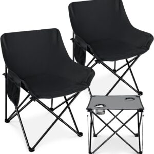 2 Pcs Portable Camping Chairs for Adults, Comfortable & Oversized Lawn Chair & Folding Camping Table for Outdoor Sports, Fishing, Rv Travel, Beach, Picnic – Black